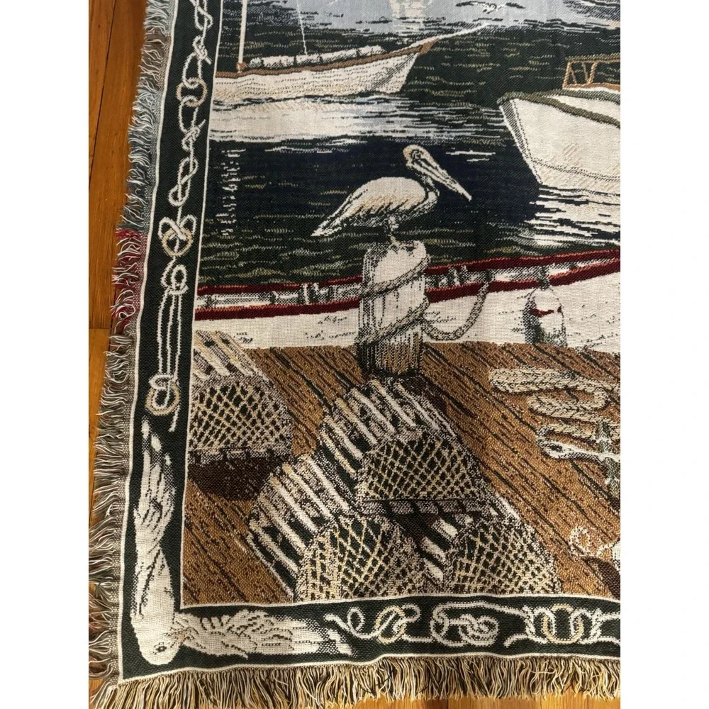 Vintage Tapestry Lake‎ Sailboat Birds Harbor Fringe Lap Blanket Throw Outdoors